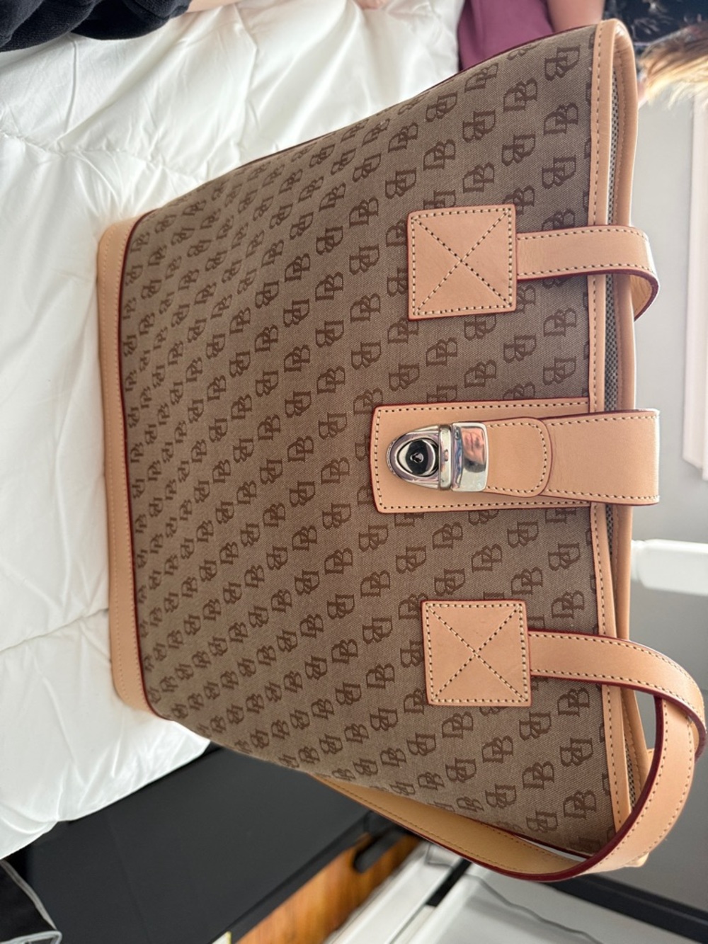 Dooney & Bourke Brown Monogram Canvas Tote with Tan Leather Trim